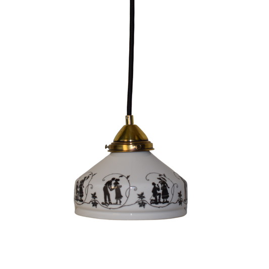 Vintage loftlampe med hvid glaskuppel og sorte silhuetmotiver af dansende par, med messing glasholder og en sort ledning.