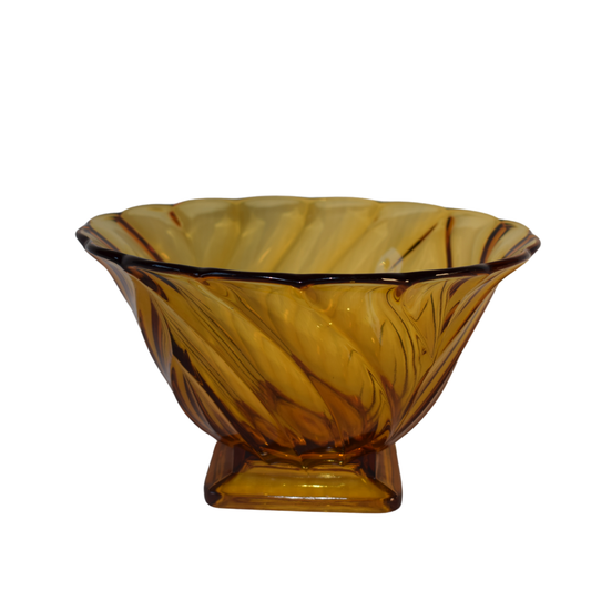 Vintage glasskål i gult med spiralmønster – Dekorativ retro glasskål – Amberfarvet glasskål.